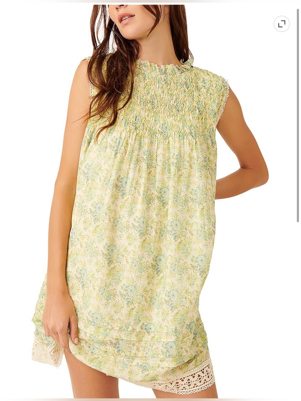 Free People Shea Green Floral Smocked Dress with Lace Trim